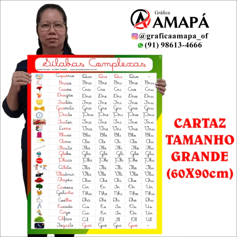 Cartaz pedagógico de sílabas complexas em letra cursiva com exemplos ilustrados e colunas de sílabas para ensino de leitura