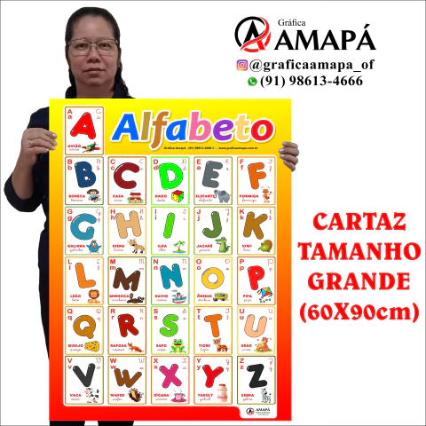 Cartaz Alfabeto Colorido em papel offset 180g, laminado e resistente. Escolha tamanhos A4 a A1. Ideal para ensino e decoração. Compre agora!