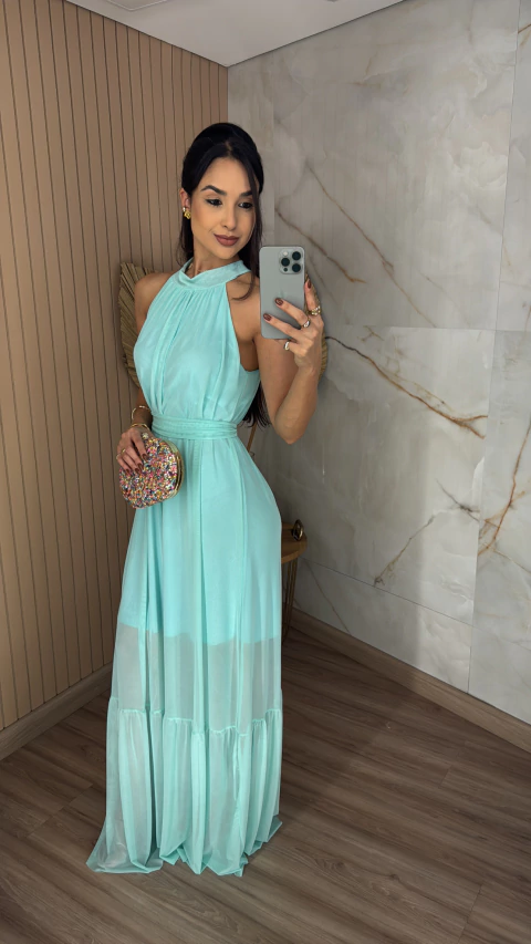 VESTIDO TULE LONGO GOLA ALTA 0310 - comprar online