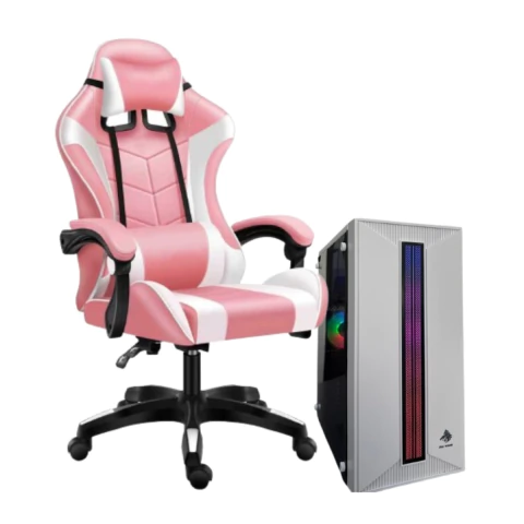 PC ARMADA AMD ATHLON 3000G + SILLA GAMER ROSA Y BLANCA 16GB 2X8 RGB DDR4 SSD 512GB MB A520M GAB GAME