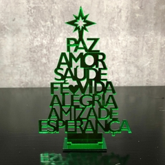 ACRÍLICO ÁRVORE NATAL PALAVRAS C/ BASE 12X8 CM - UNIDADE