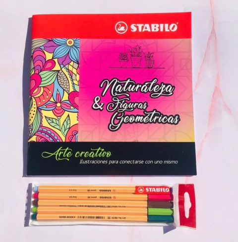 SET ARTE CREATIVO STABILO: LIBRO PARA COLOREAR NATURALEZA Y FIGURAS GEOMÉTRICAS + PACK DE 5 MICROFIBRAS POINT 88 EN COLORES NATURALEZA.