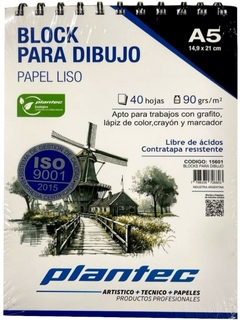BLOCK PARA DIBUJO PLANTEC CON ESPIRAL A5 90g LISO - Cod.15601