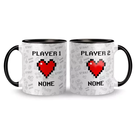 Kit com Duas Canecas Cerâmica Gamer Player 1 e Player 2 com Nomes 325ml