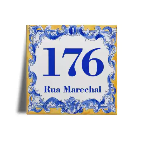 Azulejo Decorado Estilo Português com Número Residencial e Nome da Rua