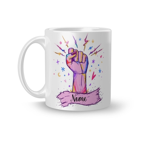 Caneca Cerâmica Hand Mulher Punho Cerrado Feminismo Personalizada com Nome 325ml