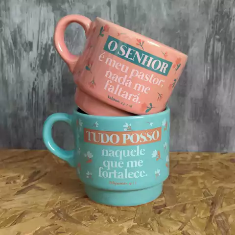 Kit com 2 Xícaras Empilháveis - O Senhor é Meu Pastor, Nada me Faltará 210ml - Brasfoot
