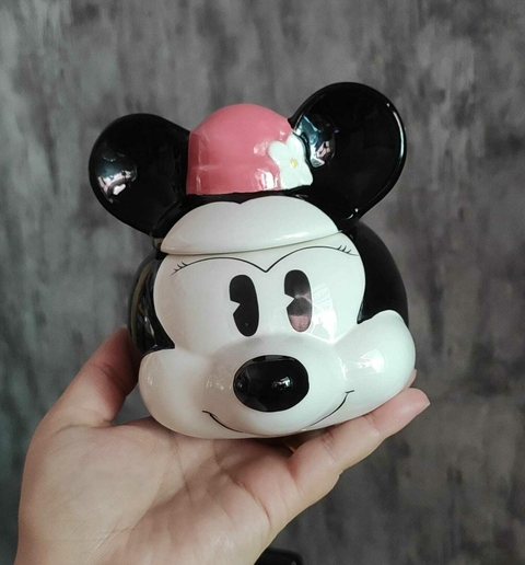 Caneca Porcelana Rosto Minnie Mouse Cartoon com Tampa 350ml Disney