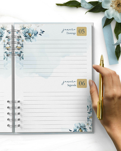 Agenda 2025 2 dias Floral Azul tamanho A5 - Fofurinhas da Bila