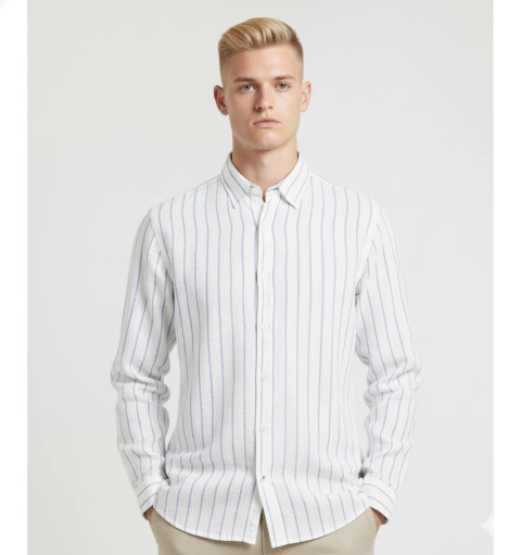 CAMISA PIETRO LINO RAYAS BLANCO - CELESTE