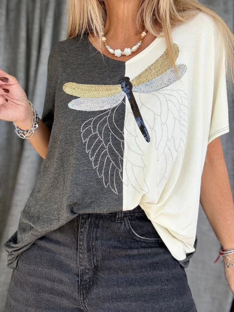 Remeron de diseño Libelula Bella de modal gris y manteca - comprar online