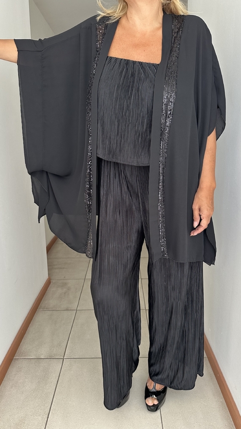 Kimono de gasa negro con lentejuelas en la solapa largo