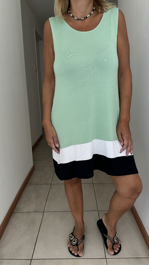 Vestido Mar de modal tri color verde aqua, blanco y negro con bolsillos