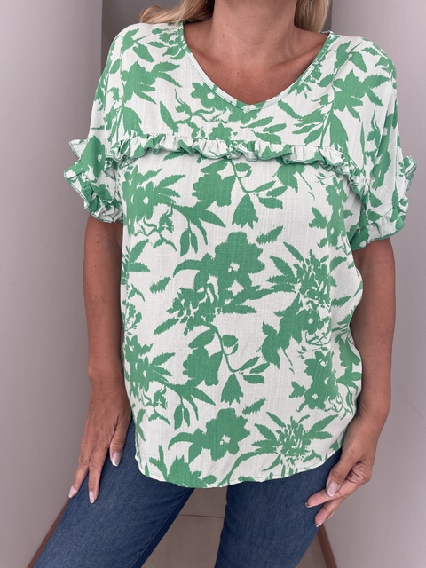Blusa Isi de lino estampado fondo verde