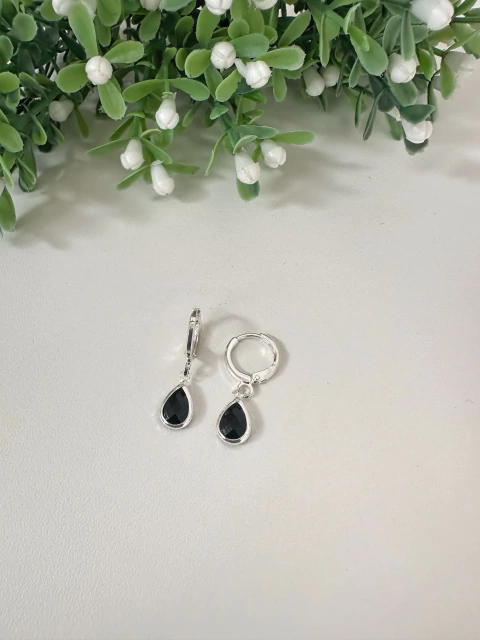 Brinco Argolinha Gota Preta - Banhado a Prata