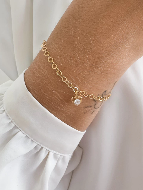 Pulseira Elos com Pingente Coração - Banhado a Ouro