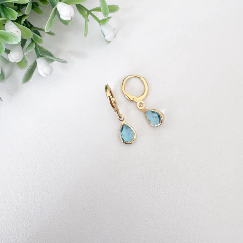 Brinco Argolinha Gota Azul - Banhado a Ouro