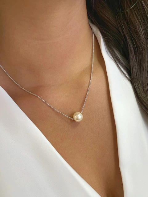 Colar Pérola 10mm - Banhado a Ródio Branco