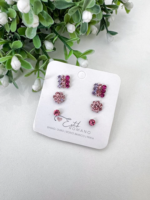 Kit Brincos Cristais Rosa e Lilás - Banhada a Ouro