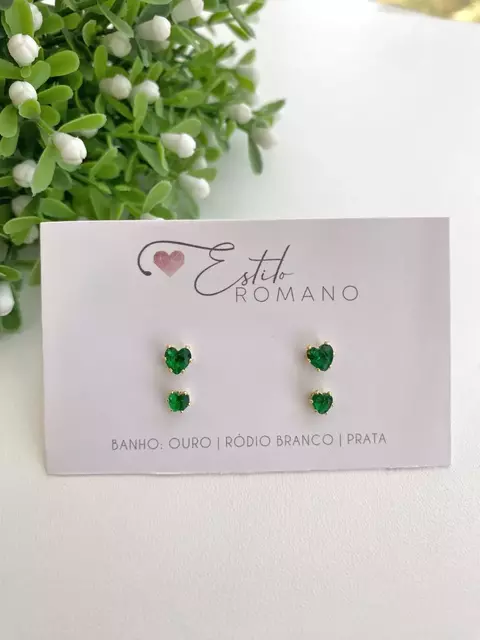 Kit Brincos Coração Zircônia Verde - Banhado a Ouro