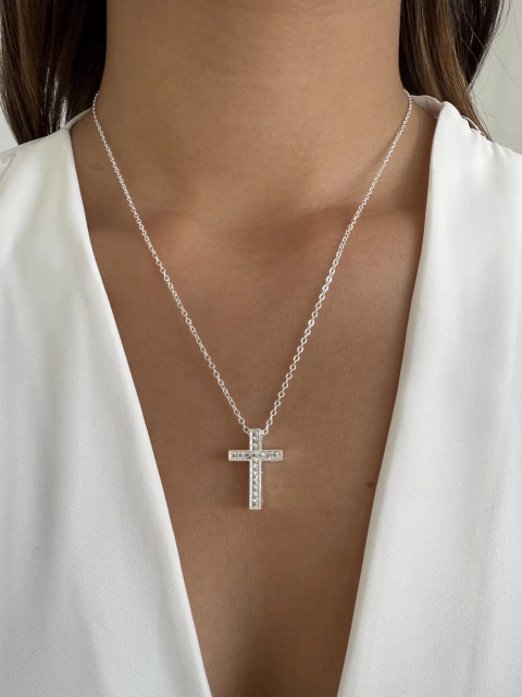 Colar Cruz Cravejada - Banhado a Prata