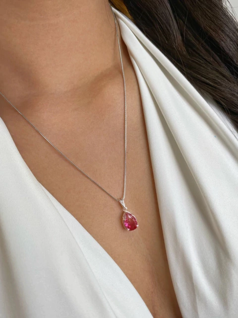 Colar Gota de Luz Rosa - Banhado a Prata