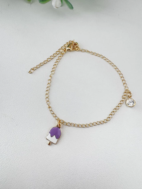 Pulseira Infantil Picolé Roxo com Ponto de Luz - Banhado a Ouro