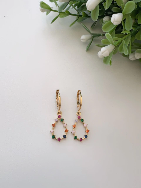 Brinco Argolinha Gota Vazada Colorida - Banhado a Ouro
