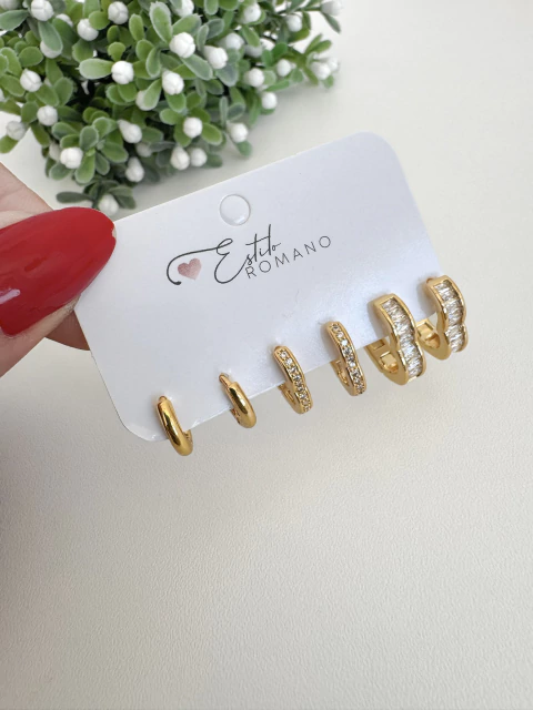 Kit Argolinhas de Coração e Argolinha Lisa - Banhada a Ouro