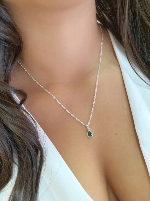 Colar Gota de Luz Verde 10mm - Banhado a Prata