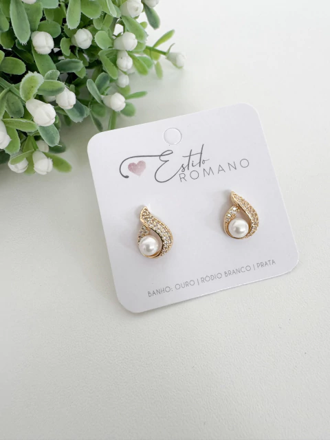 Brinco Gota Cravejada com Pérola - Banhado a Ouro