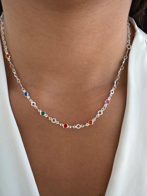 Choker Zircônias Coloridas - Banhado a Prata