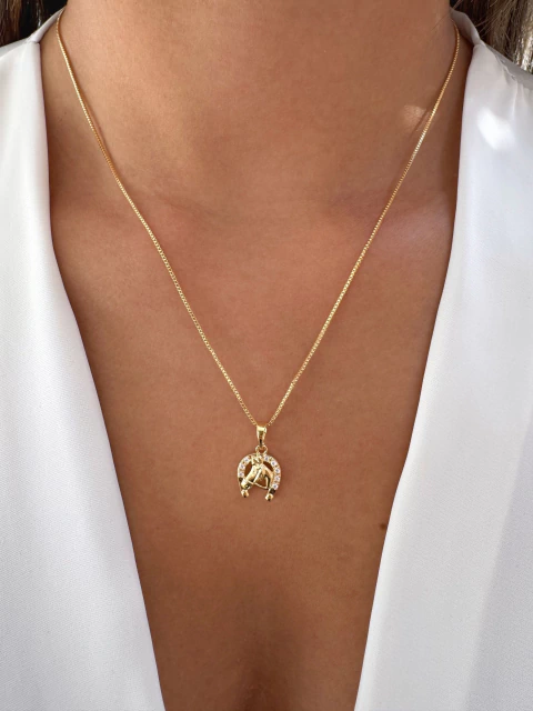 Colar Cavalo Ferradura Cravejada - Banhado a Ouro