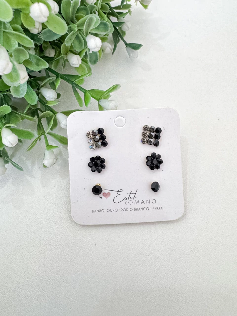 Kit Brincos Cristais Pretos - Banhada a Ouro