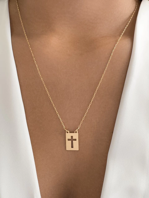 Escapulário Cruz e Coração Vazado - Banhado a Ouro