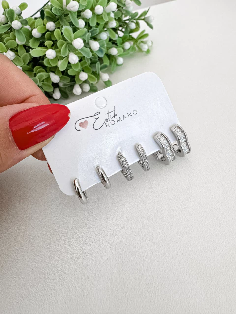 Kit Argolinhas de Coração e Argolinha Lisa - Banhada a Ródio Branco