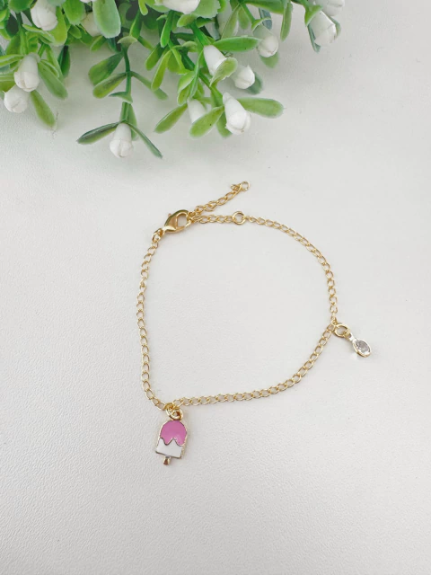 Pulseira Infantil Picolé Rosa com Ponto de Luz - Banhado a Ouro