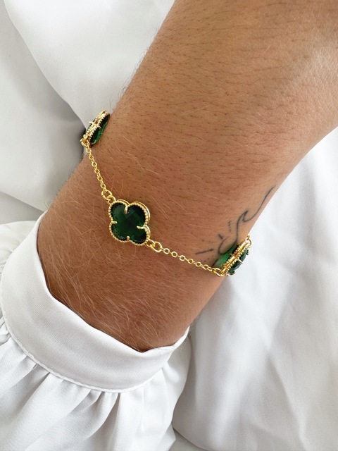 Pulseira 3 Trevos Verde Grande Banhado a Ouro