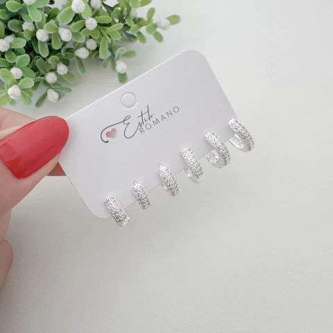 Trio Argolinha Cravejada - Banhado a Prata