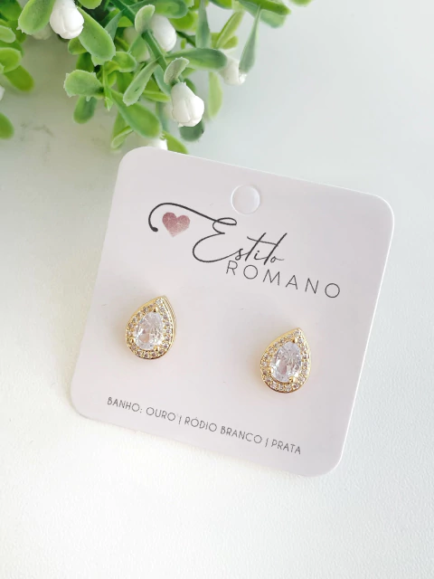 Brinco Gota Zircônia Cristal Cravejada 11mm - Banhado a Ouro