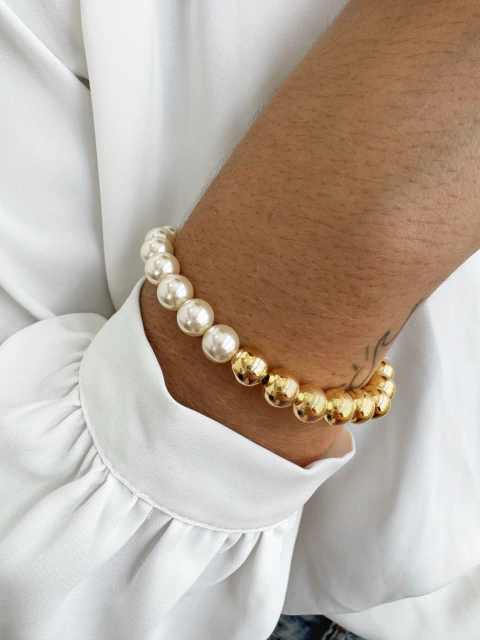 Pulseira Dualidade Pérolas e Bolinhas Média Banhada a Ouro