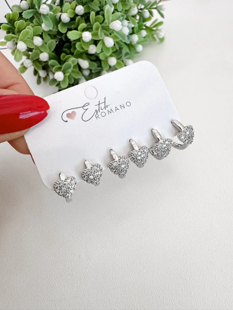 Kit Argolinhas com Coração Cravejados - Banhada a Ródio Branco