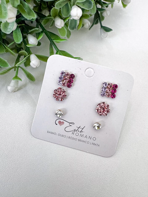 Kit Brincos Cristais Rosa, Cristal e Lilás - Banhada a Ouro