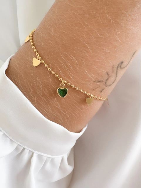 Pulseira Bolinhas com Corações Pendentes - Banhado a Ouro