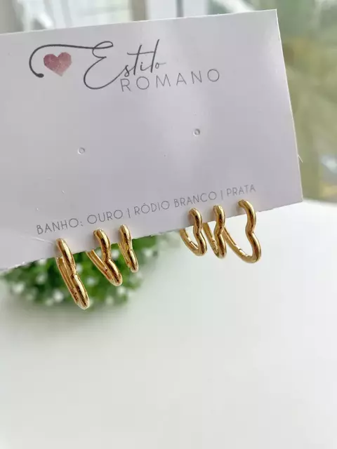 Kit Trio Argolinhas Corações Lisos - Banhado a Ouro
