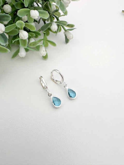 Brinco Argolinha Gota Azul - Banhado a Prata