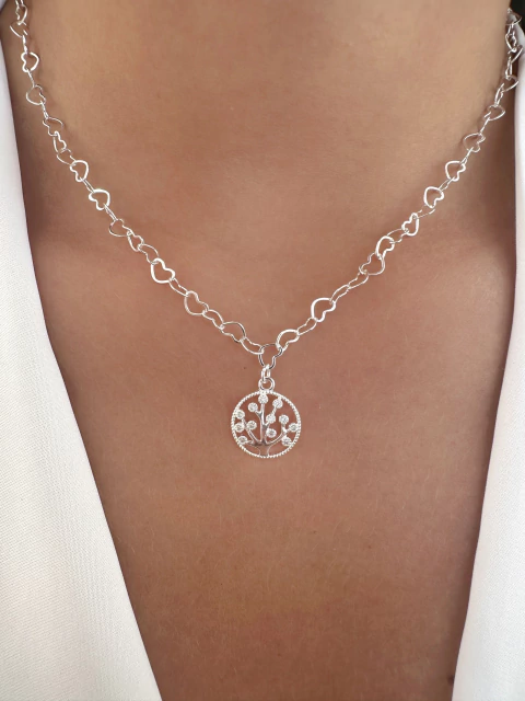 Colar Árvore da Vida Cravejada com Corrente Elos Coração - Banhado a Prata