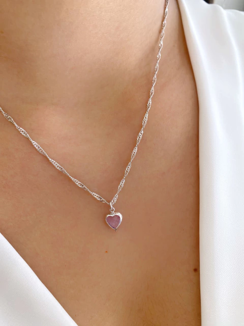 Colar Coração Zircônia Lavanda - Banhado a Rodio Branco