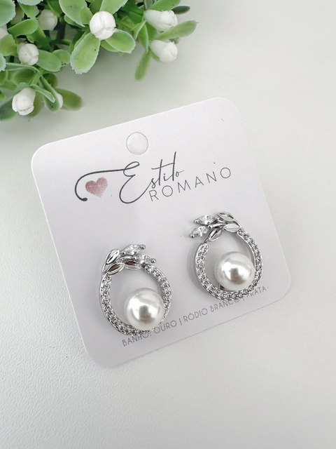 Brinco Pérola com Zircônias Cravejadas - Banhado a Ródio Branco