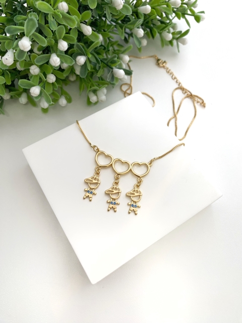 Colar Filhos 3 Meninos com Zircônias Azuis - Banhado a Ouro